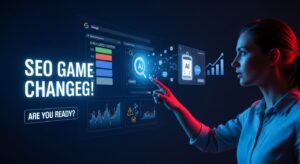 A creative digital poster with the text SEO GAME CHANGE! showing an AI interface and growth charts, representing the future of search engine optimization.