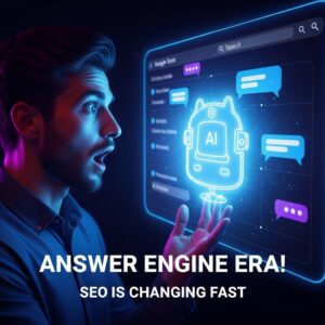 A digital illustration showing a user interacting with a modern AI-powerd search engine interface, representing the new era of Google Search.